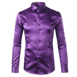 Foesce Green Silk Satin Dress Shirt Men Luxury Brand New Casual Dance Party Long Sleeve Chemise Smooth Wrinkle Free Tuxedo Shirts
