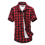 Foesce Navy and Green Plaid shirts Men  New Arrival Summer Men's Casual Short sleeve Shirts Fashion Chemise Homme Men Dress Shirts