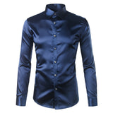 Foesce Pink Silk Satin Shirt Men Fashion Long Sleeve Mens Slim Tuxedo Shirts Casual Shiny Emulation Silk Button Down Dress Shirts