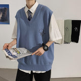 Foesce 1 Men Printed Sweater Vests Loose Knitted Students Unisex Couple Daily All-match Fashion Leisure Males Jumpers Outwear Soft Chic