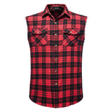 Men's Casual Flannel Plaid Shirt Sleeveless Double Pocket Cowboy Button Down Shirts Men Cotton Plus Size Vest Checkered Top 2XL