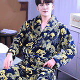 Flannel Dragon Crane Men Kimono Bathrobe Gown Casual Nightwear Winter Thick Warm Sleepwear Nightgown Plus Size Loose Homewear