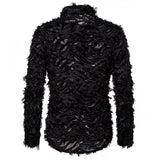 Foesce Sexy Black Feather Lace Shirt Men Fashion See Through Clubwear Dress Shirts Mens Event Party Prom Transparent Chemise S-3XL