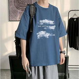 Summer  Short-Sleeved T-Shirt Men Women Harajuku Cloud Print Hong Kong Style Fifth Sleeve Tee Preppy Hip-Hop Simple Top