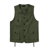 Foesce -Japan Amekaji Vest Men Casual Loose Sleeveless Vests Multi-Pocket V-neck Solid Vintage Cargo Jacket Tops Waistcoat S-XXL