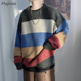Striped Design Pullovers Men Loose Fashion All-match Chic Korean Style Harajuku Fall Tops Handsome Students Teens Sweaters Daily