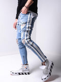 Men's Skinny ripped jeans men Pants Pencil Biker Side Striped Jeans Destroyed Hole Hip Hop Slim Fit Man Stretchy Jean Print