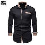 Autumn Plaid Patchwork Formal Shirts for Men Slim Long Sleeve Button Up Blue Shirt Dress Business Office Camisas
