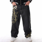 Foesce Plus Size Mens Jeans Top Rushed Stripe Loose Hip Hop Jeans Men Printed Hiphop Demin Pants Tide Trousers Embroidered Flower Wings