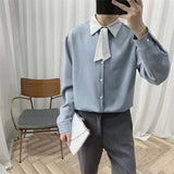 Foesce Send Tie Men's Korean Style Long Sleeve Loose Design Shirts Lapel Collar Clothes Top Shirts Fashion Camisa Masculina