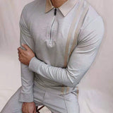 Fashion Zipper Turn-down Collar Mens Polo Shirts Autumn Long Sleeve Casual Polo Shirt Men Spring Vintage Patchwork Striped Tops