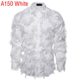 Foesce Sexy Black Feather Lace Shirt Men Fashion See Through Clubwear Dress Shirts Mens Event Party Prom Transparent Chemise S-3XL
