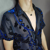 Foesce Blue Top Blouse Social Club Outfits Party Designer Shirt Fashion Velvet Flower Shirt Men Transparent Short Sleeve Sexy Shirt