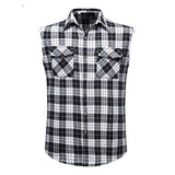 Men's Casual Flannel Plaid Shirt Sleeveless Double Pocket Cowboy Button Down Shirts Men Cotton Plus Size Vest Checkered Top 2XL