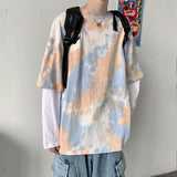 Spring/Autumn Fake Two-piece Tshirt Women T Shrit Long-sleeved T-shirt Korean Trend Student Bottoming Shirt Hip-hop Tie-dye Top