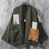 Foesce Green Yellow Corduroy Jacke Men Long Sleeved Loose Kimono Vintage Jacket Outerwear Coats Big Pockets Hip Hop Jacket Unisex