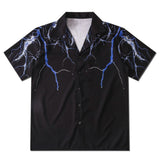 Summer Hawaiian Beach Shirts Lightning Print Short Sleeve Tee Tops Streetwear Men Hip Hop Casual Button Tshirt Man Black