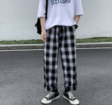 Men Casual Pants Plaid Ankle Length Loose Wide Leg All-match Elastic Waist Fashion Trousers Streetwear Harajuku Korean Retro Ins
