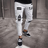 Men's Skinny ripped jeans men Pants Pencil Biker Side Striped Jeans Destroyed Hole Hip Hop Slim Fit Man Stretchy Jean Print