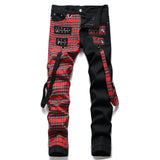 Foesce New Fashion Red Plaid Patchwork Punk Zipper Men Pencil Jeans Trousers Y2K Buckle Hip Hop Gothic Slim Denim Pants Pantaloni Uomo