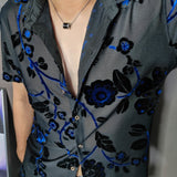 Foesce Blue Top Blouse Social Club Outfits Party Designer Shirt Fashion Velvet Flower Shirt Men Transparent Short Sleeve Sexy Shirt