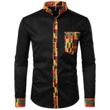 Dashiki African Mens Shirt Patchwork Pocket Africaine Print Shirt Men Ankara Style Long Sleeve Design Collar Mens Dress Shirts