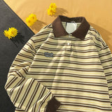 Striped long-sleeved polo shirt new spring autumn vibe vintag blouse student Korean Preppy sweatshirt men women lapel shirt