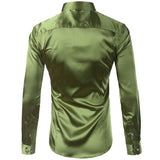 Foesce Green Silk Satin Dress Shirt Men Luxury Brand New Casual Dance Party Long Sleeve Chemise Smooth Wrinkle Free Tuxedo Shirts
