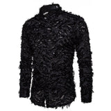 Foesce Sexy Black Feather Lace Shirt Men Fashion See Through Clubwear Dress Shirts Mens Event Party Prom Transparent Chemise S-3XL