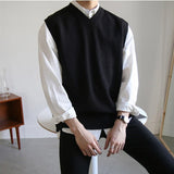 Foesce New Fall Sleeveless Mens Sweater Vest Loose Solid Color Simple V Neck Sweater Men Korean Style Harajuku Trend Pullover Vest