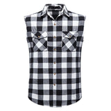 Men's Casual Flannel Plaid Shirt Sleeveless Double Pocket Cowboy Button Down Shirts Men Cotton Plus Size Vest Checkered Top 2XL