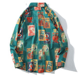 Hawaiian Beach Shirts Harajuku Vintage Poster Print Long Sleeve Aloha Party Holiday Shirt Mens Casual Button Down Tops