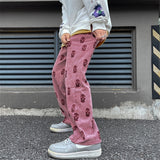 Foesce Preppy Style Skull Full Print Drawstring Casual Corduroy Men Baggy Pants Hip Hop Straight Sweatpants Male Loose Trousers