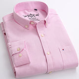 Men's Fashion Long Sleeve Solid Oxford Shirt Single Patch Pocket Simple Design Casual Standard-fit Button-down Collar Shirts