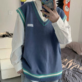 Foesce 2 Sweater Vest Men V-neck Shrug Patchwork Knitted Couples Ins Plus Size 3XL Oversize Harajuku Vests Ins Chic Korean Style Leisure