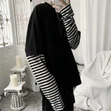 Foesce Cool Striped Patchwork T-Shirt Men Autumn Oversize Tops Boys Solid Long Sleeve T Shirt Fashion Japanese Gothic Japan T Shirt