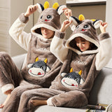 Foesce Adult Flannel Sleepwear Thicken Warm Couple Pajama Sets Long Sleeve Pyjamas Cartoon Cute Homewear Female Winter Home Suit