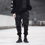 Hip Hop Cargo Pants Ribbons Men Black Streetwear Harajuku Techwear Tactical Pants Trousers Harem Joggers Sweatpants Punk