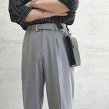 Korean Belt Suit Pants Men Fashion Solid Color Casual Dress Pants Men Loose Straight Trousers Mens Office Formal Trousers