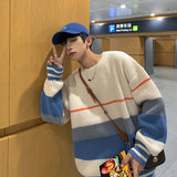 Foesce Striped sweater men's autumn and winter fashion brand loose color matching sweater coat versatile lazy wind thickened round neck