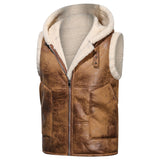 Men's Winter PU Leather Fur Vest Casual Hooded Warm Jacket Lambswool Waistcoat Jackets Sleeveless Zipper Solid Color