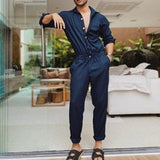Men Jumpsuit Autumn Long Sleeve Thin Fashion Overalls Lapel Solid Single Breasted Jumpsuit Men Fashion  Men Clothing