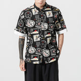 Men Chinese Style Hanfu T-shirt Japanese Harajuku Print Shirt Tops Korean Streetwear Casual Blouse Kung Fu Tang Suit Coat Shorts