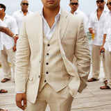 Linen Summer Men Suits for Wedding Groom Tuxedos 3 Piece Casual Beach Custom Set Jacket Vest with Pants American Fashion