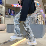Foesce Autumn Plaid Pants Men's Fashion Tie-dye Casual Pants Men Streetwear Loose Hip-hop Straight Pants Mens Trousers Large Size M-5XL