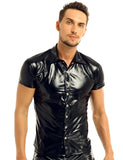 Mens Fashion Shiny Metallic T-shirt Tops Clubwear Patent Leather Turn-Down Shirt Undershirt Streetwear Male Clothing