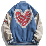 Streetwear Love Pattern Baseball Jacket Men Tops Hip Hop Patchwork Letter Print Varsity Jacket Women Outwear Autumn Coat