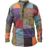 Vintage Color Block Patchwork Long Sleeve Shirts For Men Casual Lace-up Stand Collar Tops Autumn Mens Harajuku Streetwear