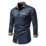 Autumn Plaid Patchwork Formal Shirts for Men Slim Long Sleeve Button Up Blue Shirt Dress Business Office Camisas