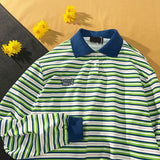 Striped long-sleeved polo shirt new spring autumn vibe vintag blouse student Korean Preppy sweatshirt men women lapel shirt